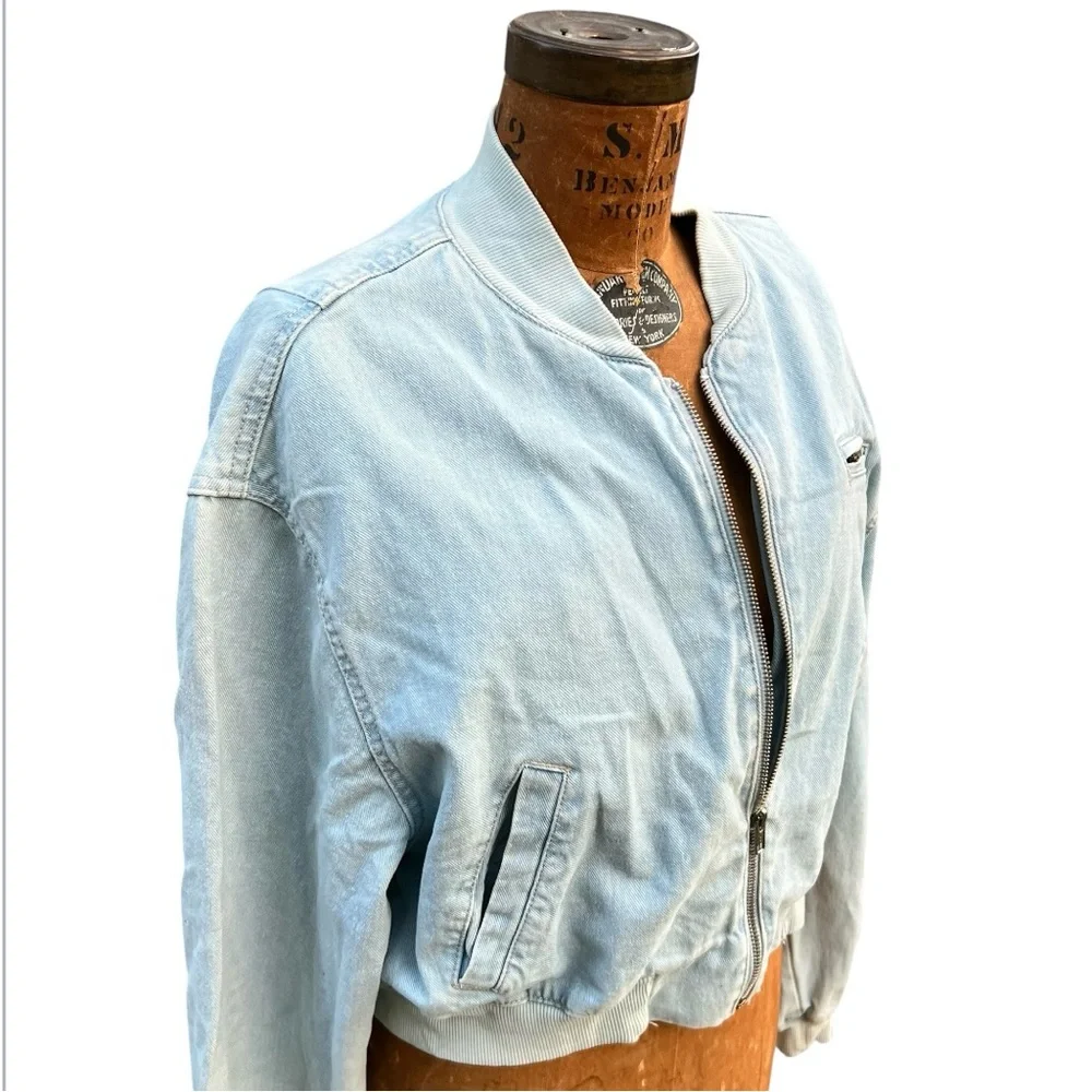 New Refuge Denim Pilot Bomber Sun Faded Boyfriend Jacket Grunge Casual Y2K NWT‎